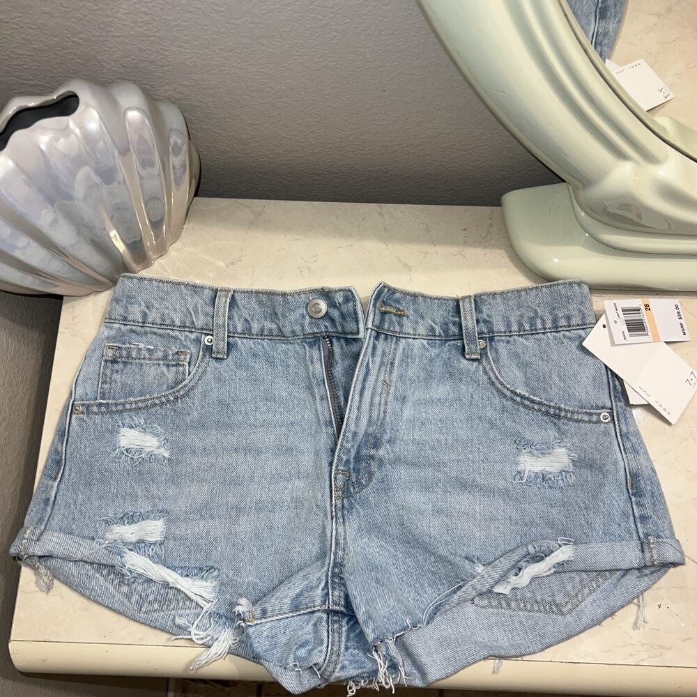 Seven7 Women's Blue High Waist Shorts, Size 28 Distressed Light Wash Denim NWT